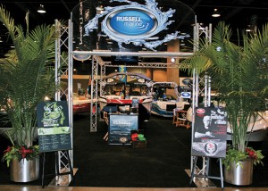 Russell Marine’s goal is to have the best display at each boat show, with a grand entrance, plush carpets, fresh greenery and more.
