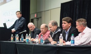 Boating Industry Editor-in-Chief Jonathan Sweet moderates a panel including (from left) Rick Correll, Bob Menne, Mark Schwabero, Ron Huibers and Bill McGill.