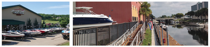 The Boat House caters to the Chicagoland and southern Wisconsin markets with multiple stores, including its location in Prairie Grove, Ill., at the left. On the right is its Cape Coral dry dock facility.